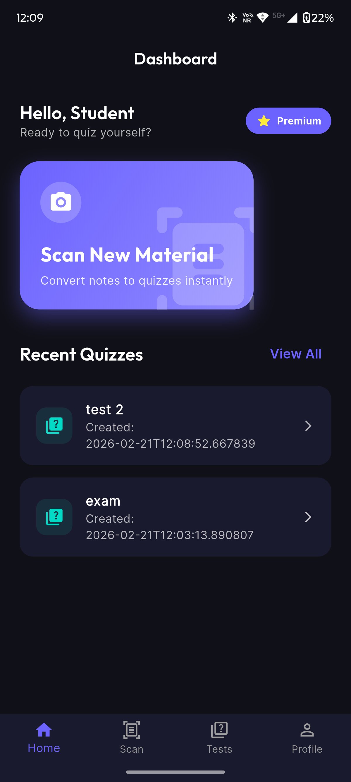 ScoreMCQ mobile app dashboard in dark mode