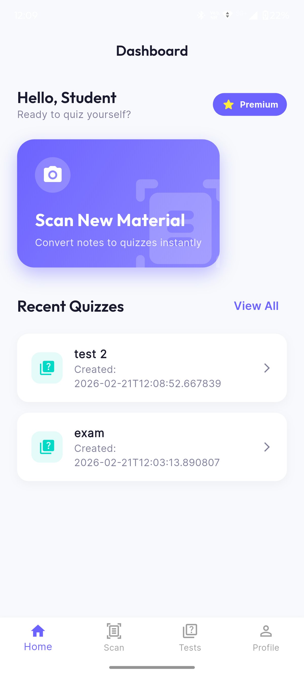 ScoreMCQ mobile app dashboard in light mode