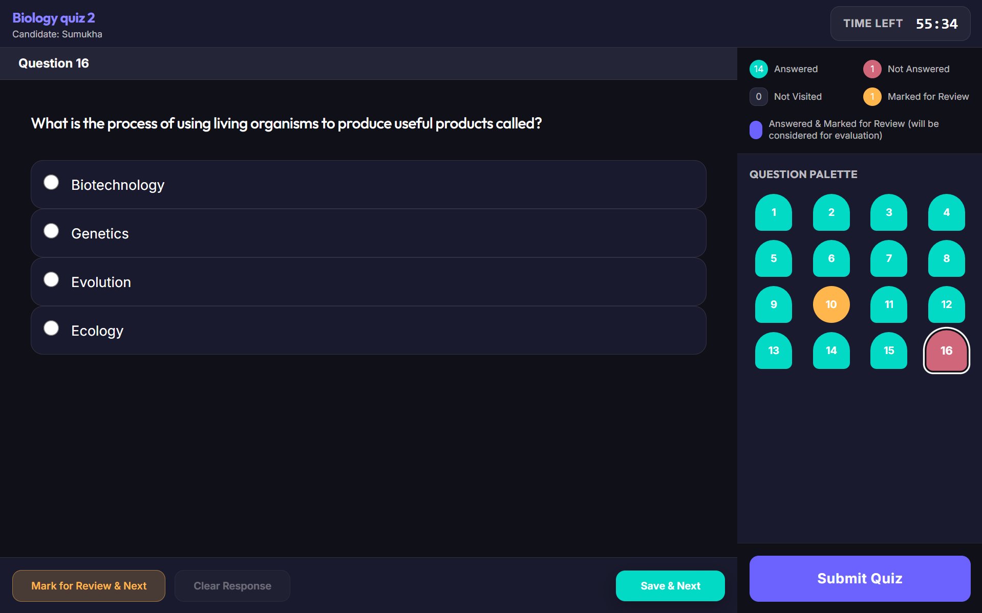 Live quiz interface with question palette, timer, and MCQ options