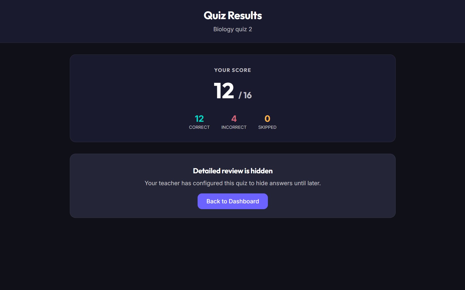 Quiz results showing score breakdown with correct, incorrect, and skipped counts