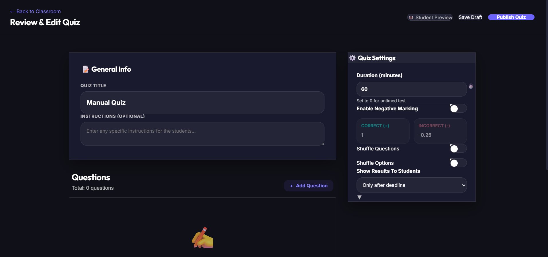 Quiz editor with settings panel showing duration, negative marking, and shuffle options