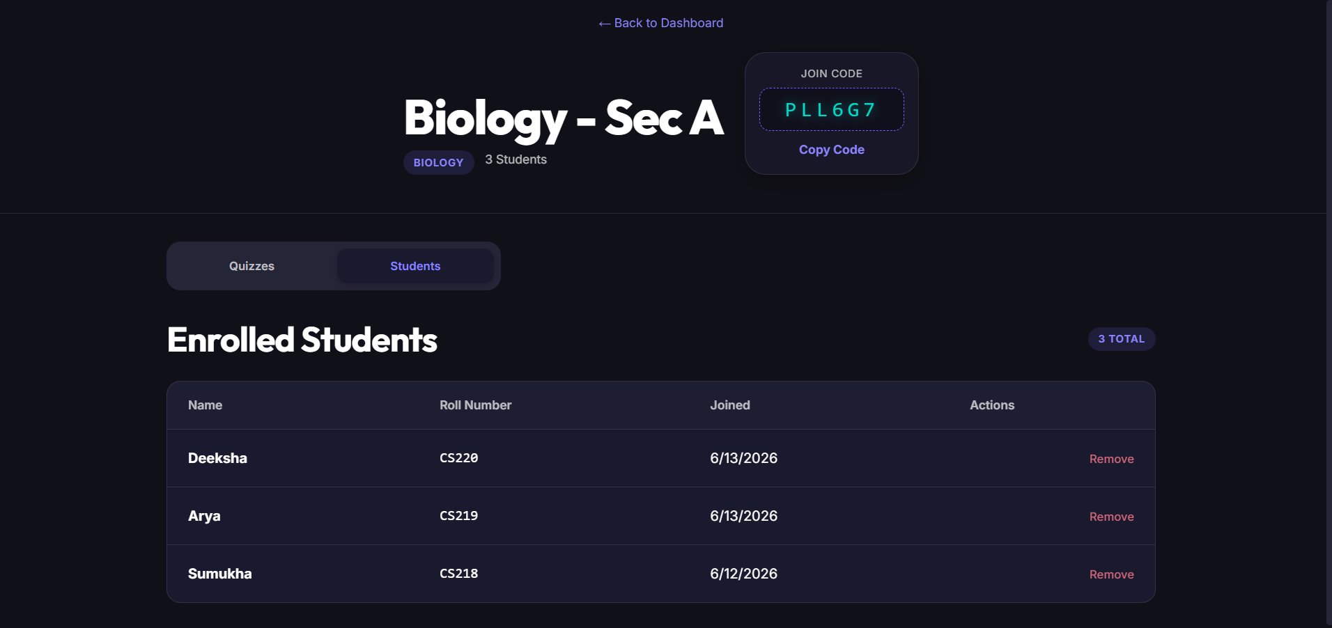 Classroom detail page showing enrolled students and join code